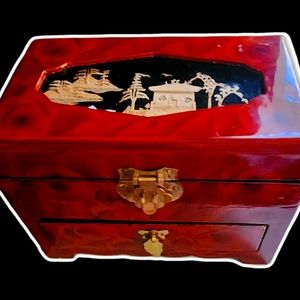 Vintage Wood Lacquered Jewelry Box Asian Scene Handmade In Cork Rose Red Lined